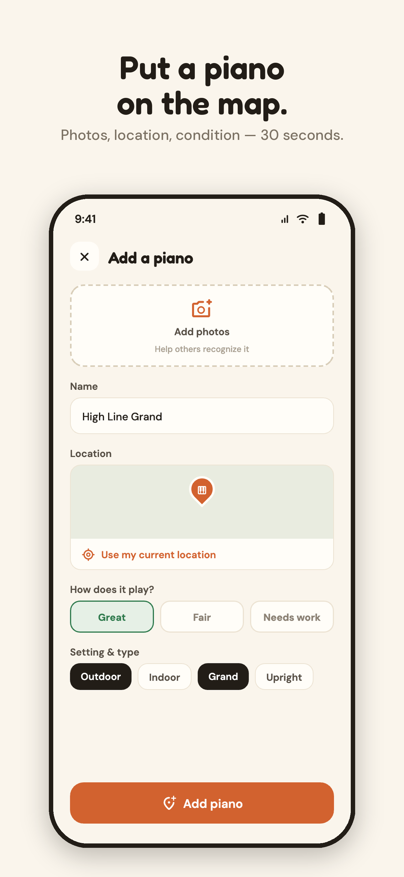 Add a piano screen: photos, location, condition and type