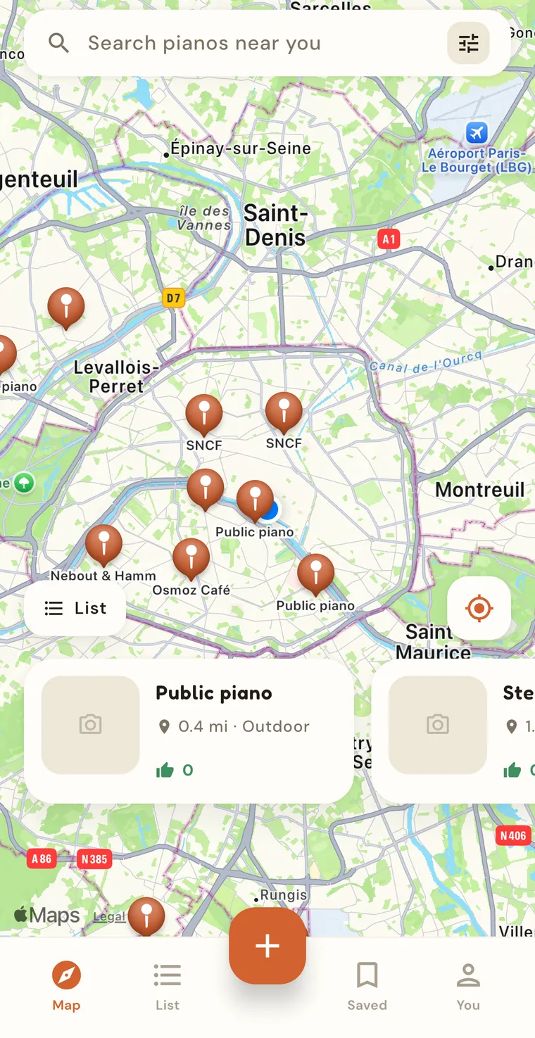 PianoSpot's map of Paris with public piano pins spread across the city