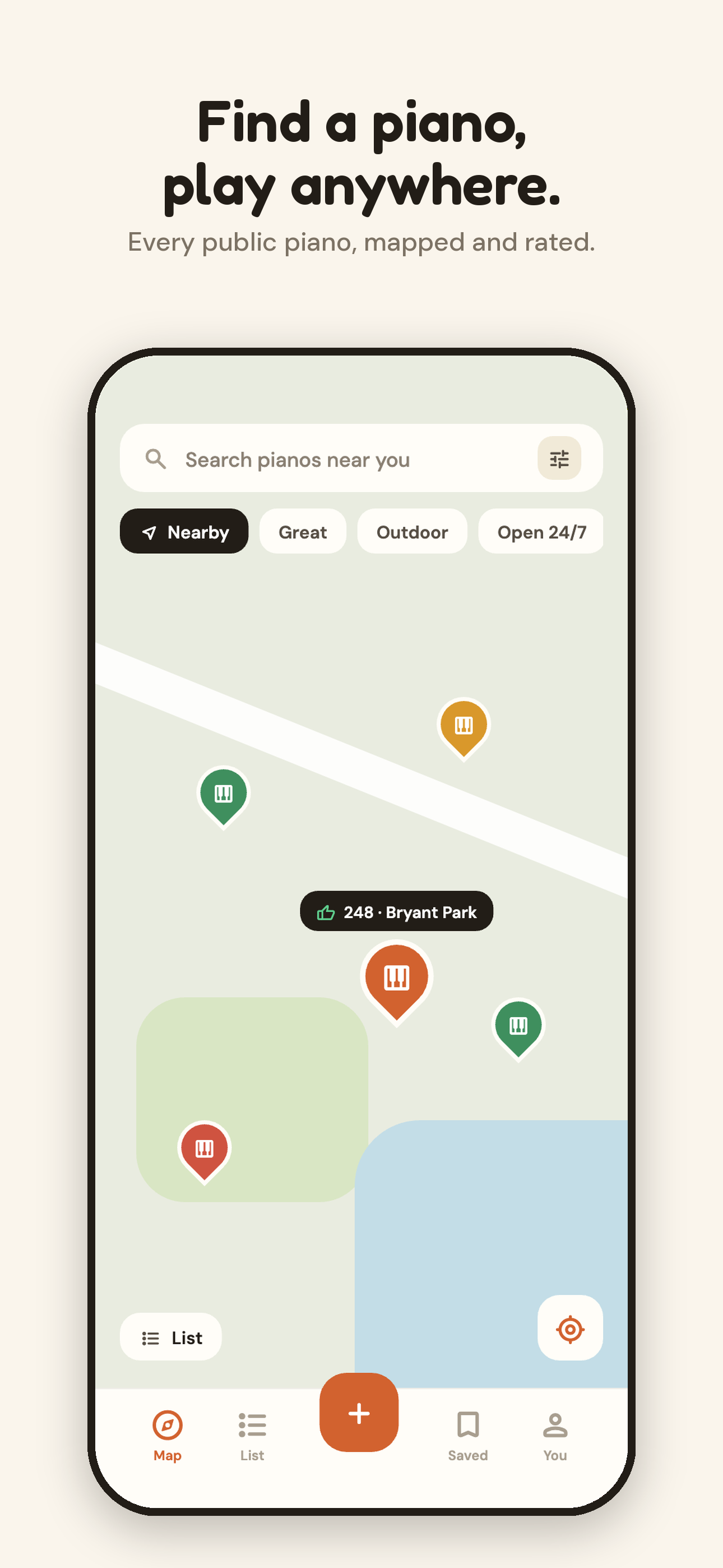 PianoSpot map screen with nearby public pianos, color-coded by condition