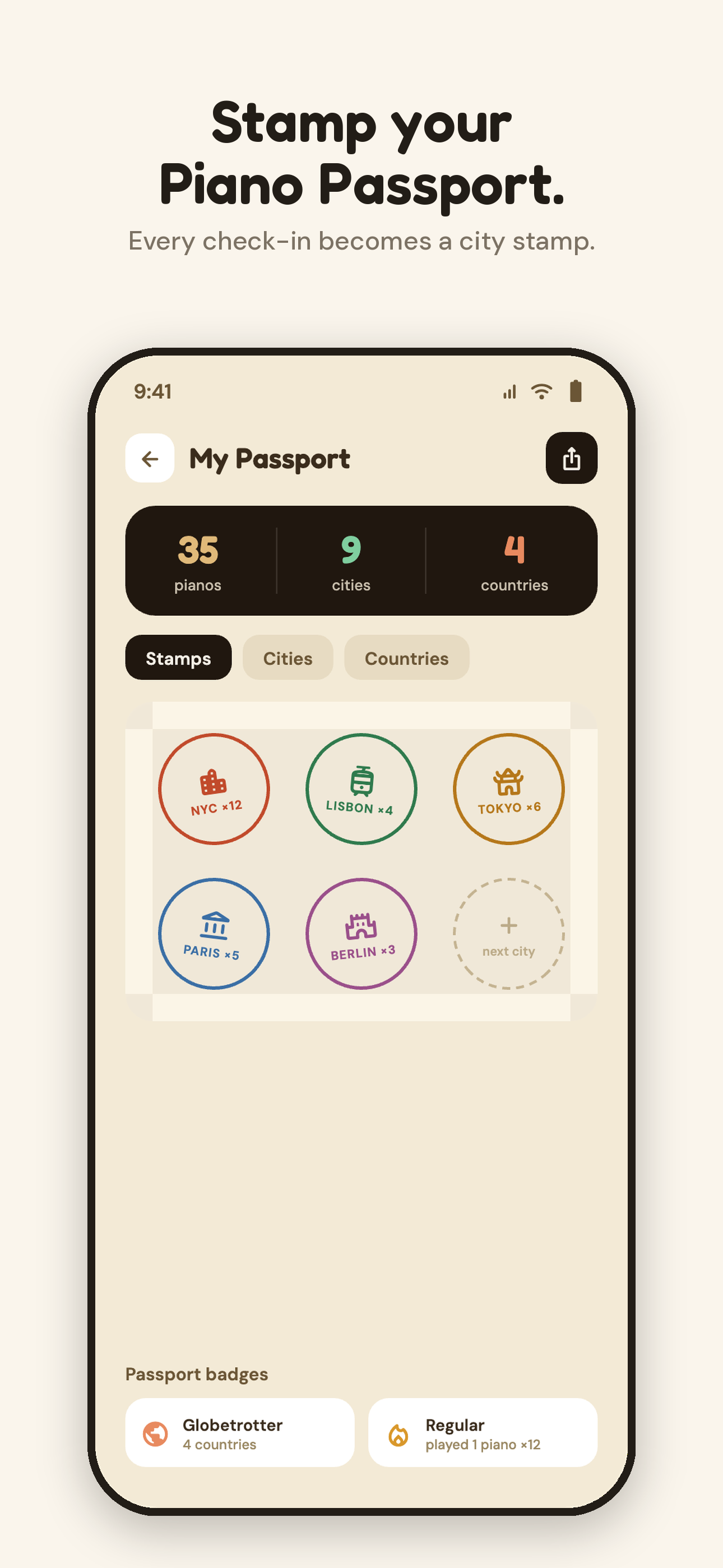 Piano Passport screen with city stamps for NYC, Lisbon, Tokyo, Paris and Berlin