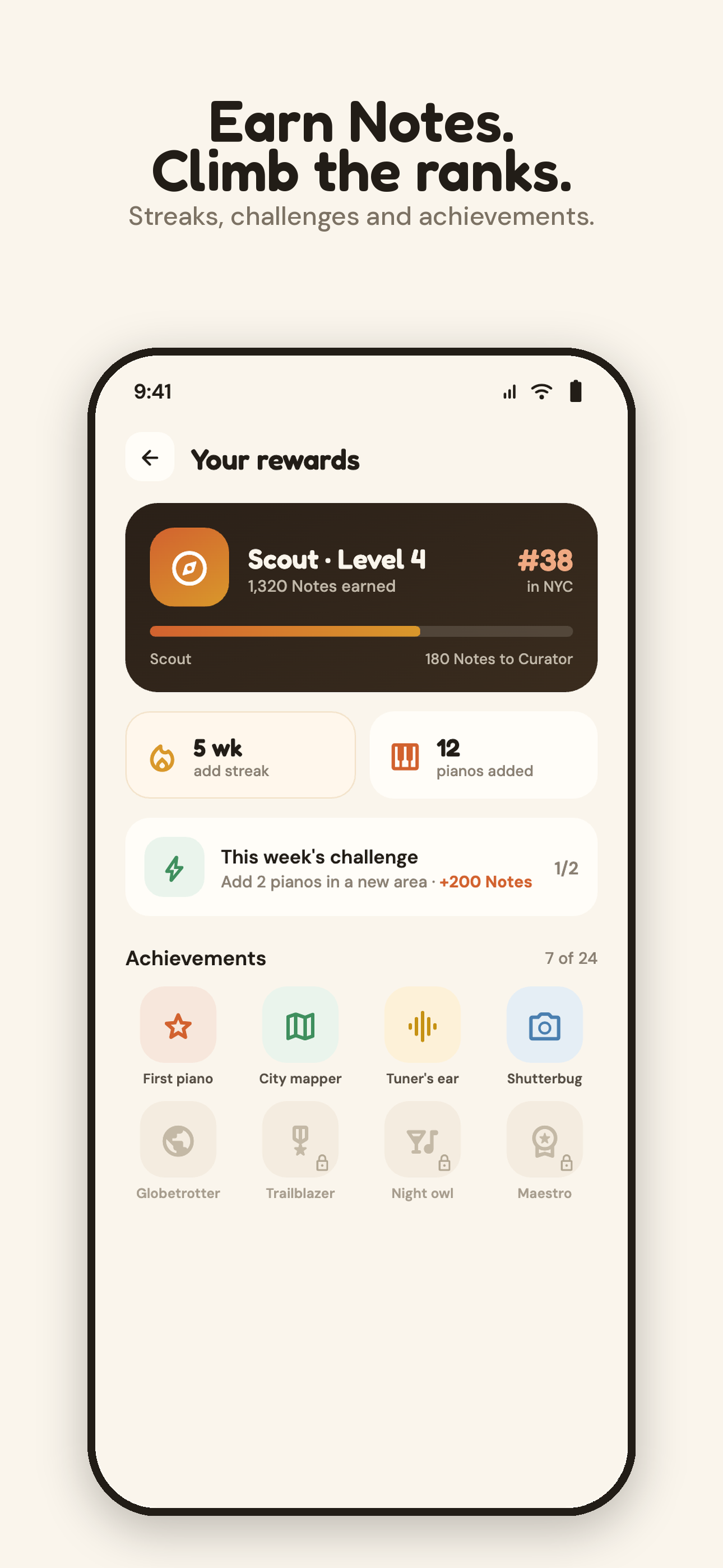 Rewards screen showing Notes earned, city rank, streaks and achievements